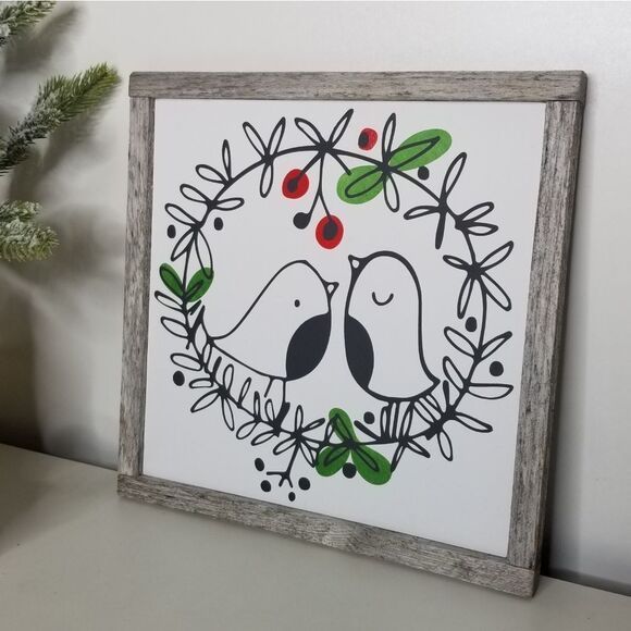 Christmas Wreath Love Birds Holiday Decor ‎ Wood Sign Rustic Farmhouse Wo… - Picture 2 of 7
